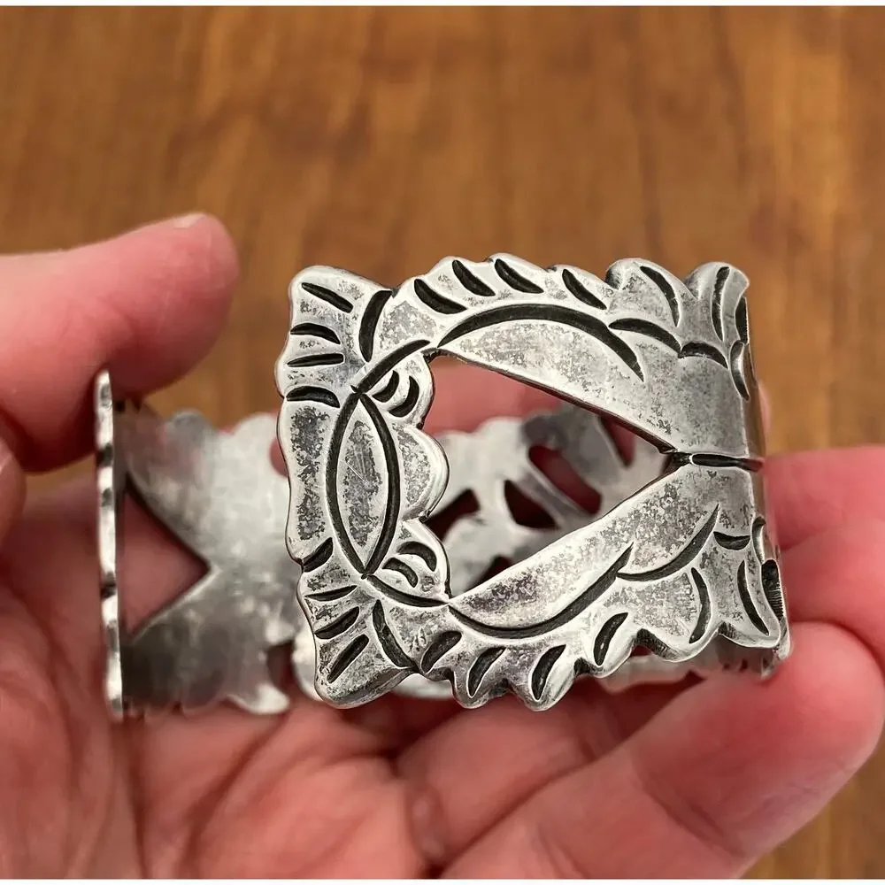 Vintage Mexico Silver Cuff Bracelet Wide Flower Cutout 50.91g Tested Silver 6.5